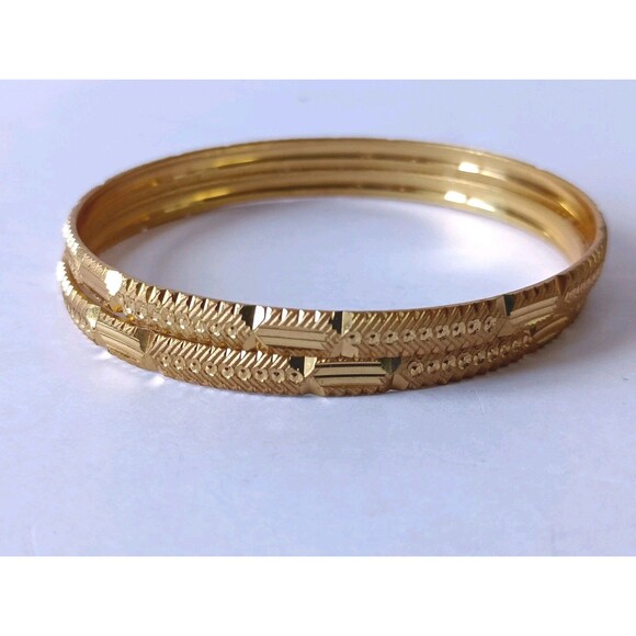 Indian Gold Plated Bangles Set Of 2 Etched 9.42 Inches - Picture 1 of 4